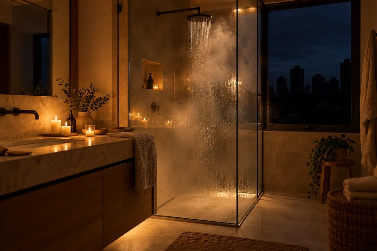 Banheiro à luz de velas numa queda de energia, com vapor do chuveiro quente e a cidade apagada na janela